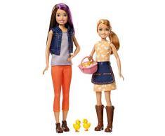 Barbie Famille coffret poupées Skipper & Stacie à la ferme, fermières avec 2 poussins et un panier dœuf, jouet pour enfant, GCK85