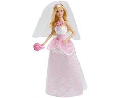 Barbie poupée Mariée en robe de mariage blanche et rose avec son voile et un bouquet, jouet pour enfant, CFF37