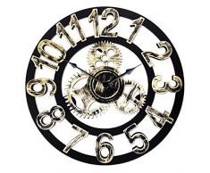 Top Race Horloge murale ronde de 16 pouces, conception dengrenages vintage 3D à la main en bois fait à la main, par Chevy K. (or avec chiffres)