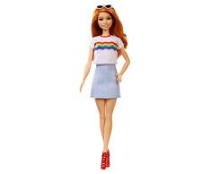 Barbie Fashionistas poupée mannequin #122 rousse avec tee-shirt arc-en-ciel, jupe bleue ciel et talons hauts rouges, jouet pour enfant, FXL55
