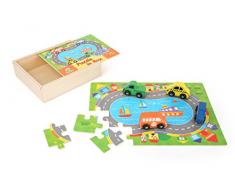 Small Foot Puzzle de 24 pièces, Paysage Routier et 4 Voitures pour Jouer Contenu dans Une boîte de Rangement en Bois permettant de lemmener en Voyage, 10710