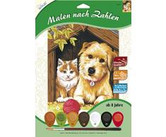 Mammut 105012 Peinture Chiffres Animaux Chiens Chat Bonne Amitié Set Complet avec Tapis de Peinture Imprimé Format A4 7 Acrylique et Pinceau Set de Peinture pour Enfants à partir de 8 Ans