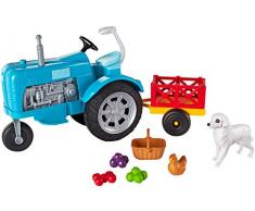 Barbie Tracteur bleu pour poupée avec remorque, figurines chien et poule, un panier et des légumes, jouet pour enfant, GFF49