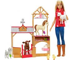 Barbie Métiers coffret Vétérinaire à la ferme avec poupée blonde, 7 animaux et 10 accessoires, jouet pour enfant, GCK86