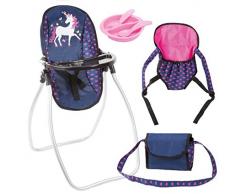 Bayer Design 63654AB Vario Set 9 en 1 avec une poche, un porte-outil, une assiette avec couvert, une chaise haute, accessoires pour poupée, bleu rose licorne