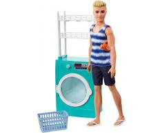 Barbie Mobilier coffret poupée Ken avec lave-linge et sèche-linge à tambour tournant, 2 accessoires inclus, jouet pour enfant, FYK52