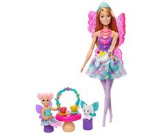 Barbie Dreamtopia Coffret Service à Thé avec poupée fée, figurine de fillette et accessoires, jouet pour enfant, GJK50