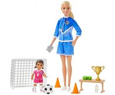 Barbie Métiers coffret poupée Coach de Football blonde avec figurine denfant et accessoires, jouet pour enfant, GLM47