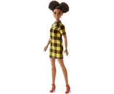 Barbie Fashionistas poupée mannequin #80 avec chignons noirs et robe chemise à carreaux jaunes, jouet pour enfant, FJF45