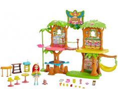 Enchantimals Coffret Maison Café Jungle Enchantée, Mini-poupée Peeki Perroquet, Figurine Animale Sheeny, balançoire et accessoires, jouet enfant, GFN59