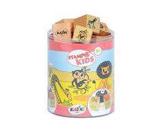 Aladine - Stampo Kids - Tampons Enfant - Activités Manuelles Fille et Garçon - Jouets et Jeux Créatifs pour Enfants - Boîte de 15 Tampons Support Bois + Encreur Inclus - Dès 5 ans (STAMPO KIDS LILI DANS LA SAVANE)