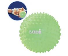 LUDI - Balle sensorielle phosphorescente pour léveil de bébé. Dès 6 mois. Petits picots durs. Balle de jeu ou de massage facile à agripper. Petite veilleuse. Diamètre : 15 cm - réf. 30025