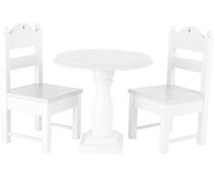 10744 Meuble de poupée Blanc en bois, une table ronde et deux chaises de poupée, avec décorations, à partir de 3 ans