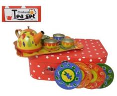 ALLKINDATHINGS Jouet Boîte métal Ensemble à thé Prétend de Jouer Polka Dot Housse de Transport Enfants goûters