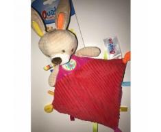 Doudou Lapin Ouatoo Baby Logitoys Beige Rose Fuchsia Ecusson Cercle Oiseau Feuilles Vertes Peluche Jouet Eveil Bebe Plush Comforter Cover Blankie Pink Bunny