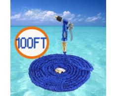 100FT Pipe à eau tuyau extensible jardin avec pistolet à eau en cuivre pour lavage arrosage bleu