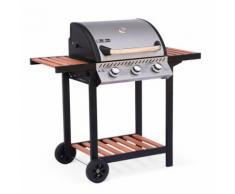 Barbecue au gaz - Ernest Inox - 3 brûleurs, tablettes en bois, grilles en fonte, thermomètre, roues