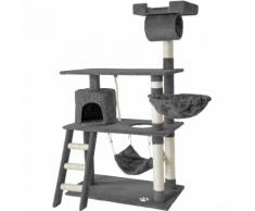 Tectake Arbre À Chat 141 Cm Marcel Griffoir + 1 Cabane + 1 Corde De Jeu + 1 Hamac Gris
