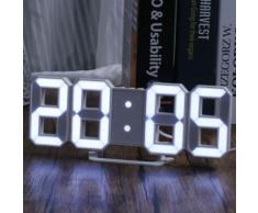 LED blanche numérique 3D Numéros Horloge murale avec 3 niveaux de luminosité Alarme Snooze horloge