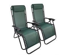 Todeco - Chaise Longue Inclinable, Transat en Textilène de Jardin - Charge maximale: 100 kg - Matériau: Textilène - 165 x 112 x 65 cm, Vert, Avec coussin, Textilène, Pack de 2