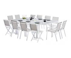 Wilsa Garden EnsembleWhite StarT8/12+F8+C4 Full Verre Structure Blanc Plateau Transparent Grid Mobilier de Jardin