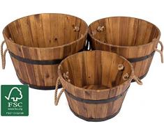 Vanage - Bac à Plantes / Fleurs en bois dAccacia - Lot de 3 - Style Tonneau en bois parfait pour le Jardin ou comme seau en bois