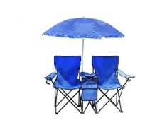 Homecall Chaise de camping pliable 2 places, avec poche isotherme et parasol intégrés (Bleu)