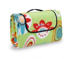 Relaxdays Couverture Pique-Nique Picnic Plaid imperméable Fleurs 200x200 cm poignée Isolation Tapis, Vert Clair, Coloré