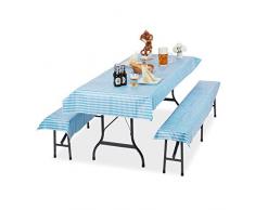 Relaxdays Ensemble pour Tente Coussins, Jeu de 3 pièces, Nappe Table 250x100cm, 2 Housses pour bancs, Lavable,Bleu Blanc