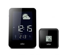Réveil numérique station météo radiocommandé multi-régions Braun avec température intérieure et extérieure et humidité, prévisions, écran LCD négatif, réglage rapide, bip d’alarme, en noir, modèle BNC013BK-RC.