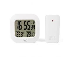 Tecvance Station Météo avec Horloge Radio et Capteur Extérieur - Affichage de la Température intérieure et extérieure (°C & °F) - Fonction Réveil (+ Snooze) - Blanc