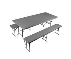 Vanage - Lensemble de Mobilier de Jardin + 2 Bancs et Table brasserie - Pliables et ultra compact - Plastique résistant et facile dentretien - Poignées de transport - Plusieurs Coloris