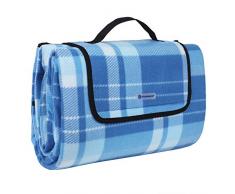 SONGMICS Couverture de Pique-Nique XXL en Polaire, 200 x 200 cm, avec Isolation Thermique, imperméable, avec poignée de Transport (à Carreaux Bleus)