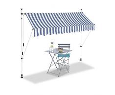 Relaxdays, bleu-blanc Auvent rétractable 250 cm Store balcon marquise soleil terrasse hauteur réglable sans perçage, 250 x 120 cm