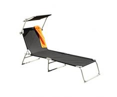 greemotion Texel Chaise Longue avec Pare-soleil, Bain de Soleil en Aluminium et Textilène avec Dossier Réglable, Chaise Longue de Jardin à 3 Pieds, Transat de Plage et Camping, Pliable, Noir-gris