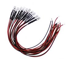 10 LED de 5 mm, 5 V, câble de raccordement et résistance intégrée rouge