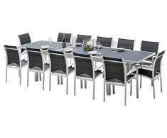 Wilsa Garden EnsembleModuloT8/12+F12 Full Verre Structure Blanc Plateau Gris Perle Mobilier de Jardin