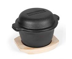 Rustler - Petit Faitout avec Couvercle en Fonte et Plateau en Bois pour servir | Marmite avec Poignées pratiques - Diamètre : 12 cm - Pour Barbecue, Four, Feu et Cuisinière - Noir