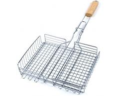 RUECAB 3465200504005 Grille de Barbecue Double Ajustable INOX Poignée Bois, Argent, 6x33x69 cm