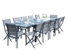 Wilsa Garden EnsembleModuloT8/12+F8+C4 Verre Encadré Structure Gris Anthracite Plateau Transparent Mobilier de Jardin