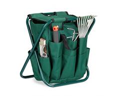 Relaxdays 10020714 Tabouret porte-outils de jardinage 16 poches et compartiment intérieur pliable HxlxP: 42 x 30 x 39 cm, vert