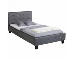 Lit simple 90 x 190 cm pin massif revêtement synthétique capitonné gris - Cadre de lit