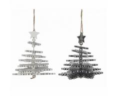 L'Héritier Du Temps - Duo de suspensions décoratives pour arbre de noël forme sapin de noël avec etoile en bois blanc et argenté 7,5x7,5x13cm - Objet à poser