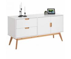 Buffet TIVOLI style scandinave design vintage nordique commode bahut vaisselier avec 2 tiroirs 2 portes, en pin massif lasuré blanc - Buffets