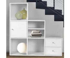 Meuble de rangement escalier 3 niveaux bois blanc avec porte et tiroirs - Étagère