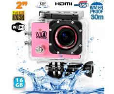 Camera sport wifi étanche caisson waterproof 12 MP Full HD Rose 16Go - Caméscope à carte mémoire