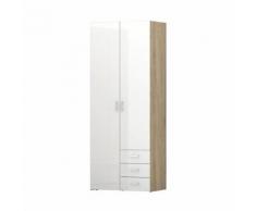 SPACE Armoire de chambre style contemporain - Blanc laqué brillant et décor chene sonoma - L 78 cm - Armoire