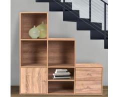 Meuble de rangement escalier 3 niveaux bois façon hêtre avec porte et tiroirs - Étagère