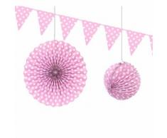Décorations à pois coloris Rose Lampion, rosace et guirlande de fanions - Objet à poser