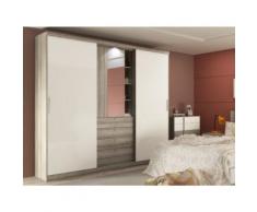 Armoire BODIL - portes coulissantes - Miroir et tiroirs - L240cm - Chêne et ivoire - Armoire